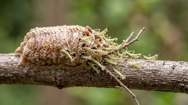Group of tiny praying mantis nymphs emerging from ootheca egg case on tree branch, symbolizing new birth and natural insect life