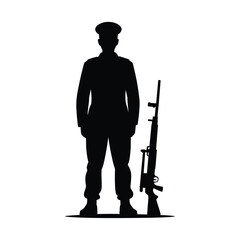 Naklejka premium Standing military guard silhouette with rifle design black icon for security duty concepts