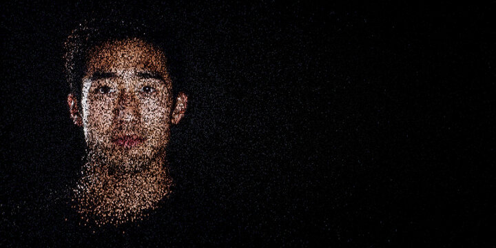 Digital ID Portrait of Asian Man with Face made up of Data. Fraud detection Concept with copy-space.