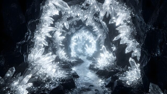 Digital art of a breathtaking cave tunnel illuminated by glowing crystal formations