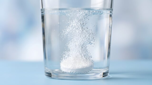 Effervescent tablet dissolving in clear water inside a glass, creating bubbles and fizz