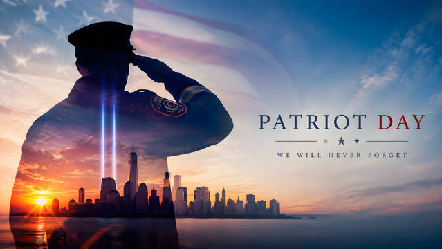 Patriot Day tribute with saluting firefighter silhouette, city skyline, sunset and remembrance message
