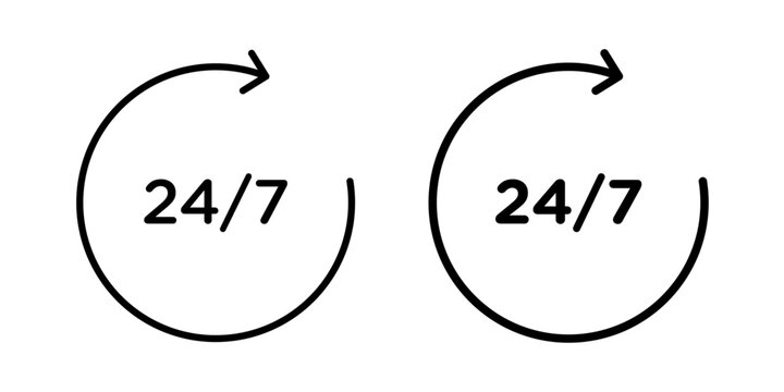 24 7 Icon represents continuous availability, round-the-clock service, constant support, and business operations that remain accessible throughout the day and night.