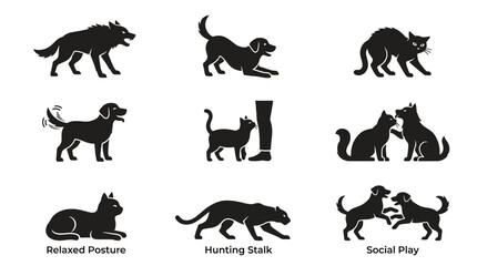 Fototapeta premium Dogs in Various Playful Poses Silhouettes.