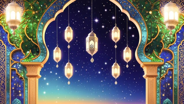 Ornate Islamic palace archway framed by turquoise mosaic tiles and hanging illuminated brass lanterns at night