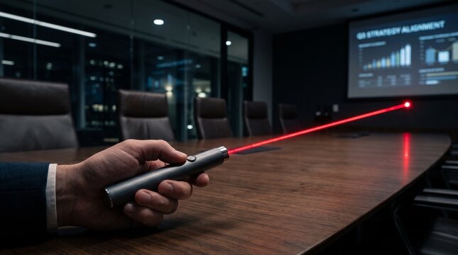 Businessman using a red laser pointer during a business presentation in a dark boardroom.