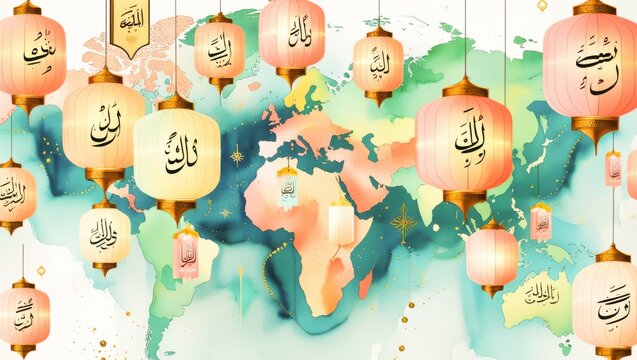 Watercolor world map background decorated with hanging pastel paper lanterns inscribed with Arabic calligraphy