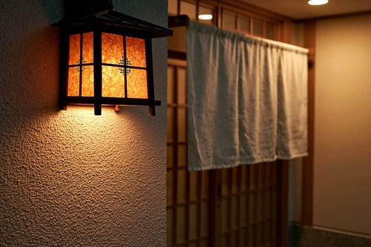 情緒あふれる和風の提灯が優しく灯る夜の旅館入り口