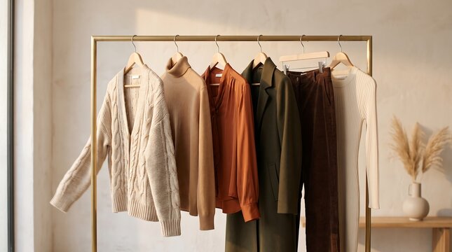 Stylish Autumn Wardrobe Collection on a Clothing Rack.