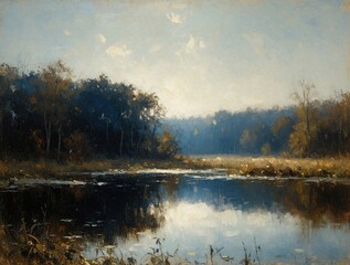 Fototapeta premium Calm lake reflects cloudy sky. Trees and reeds frame tranquil water scene. Peaceful natural landscape painting, serene atmosphere, autumn colors.