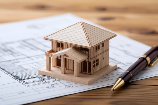 住宅建築の夢を実現する設計図と木の家模型そしてペン
