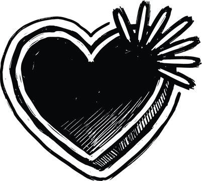 Hand drawn sketch of a black heart with a sunburst effect, doodle style illustration