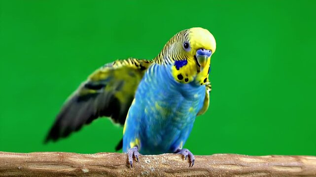 Close-up of a blue and yellow budgerigar perched on a branch, looking around with a green screen background.