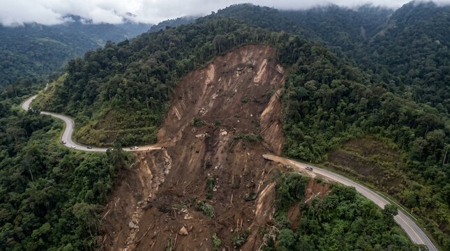 Aerial view of massive landslide blocking mountain highway in jungle