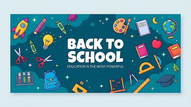 Back to school horizontal banner illustration with colorful hand drawn education supplies and stationery items on dark blue background