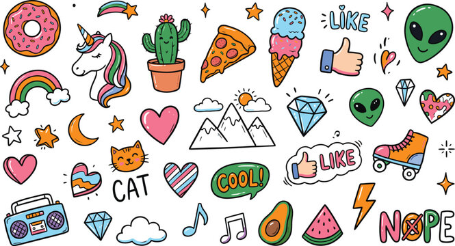 Collection of cute doodle stickers, icons and elements