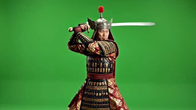 Mongolian Warrior in Full Armor with Sword on Green Screen.