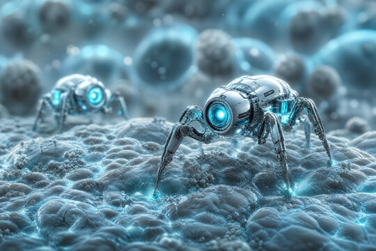 Futuristic nanobots in bloodstream, microscopic medical robots on cellular surface, blue nanotech science concept