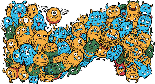 Seamless pattern with cute colorful monsters, funny cartoon characters, doodle style illustration