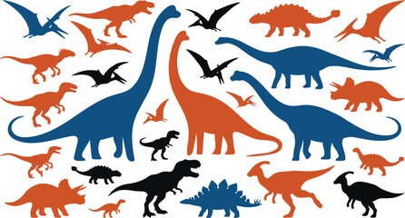 Set of various dinosaur silhouettes in red, blue and black colors © creativesabbir02