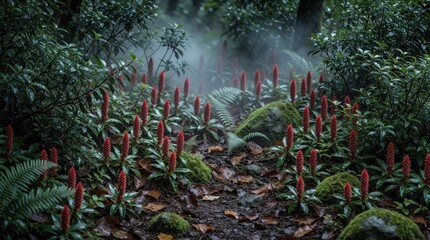 Naklejka premium Red tubular flowers sprout on a forest floor path. Mist hangs in the air amongst rich green foliage and moss covered rocks. Damp leaves rubbish the ground below.