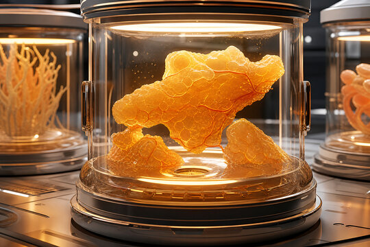 Futuristic biological specimen in glass lab canister, glowing organic sample in scientific research chamber, biotech laboratory experiment