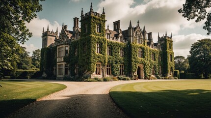 Obraz premium Large historic English manor house covered in green ivy. Stone mansion features classic architecture with many towers, chimneys. Well maintained lawn, gravel driveway surround luxury estate in