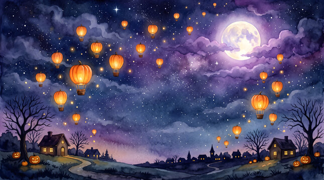 Hand painted watercolor background of pumpkin hot air balloons flying in starry night sky with copy space