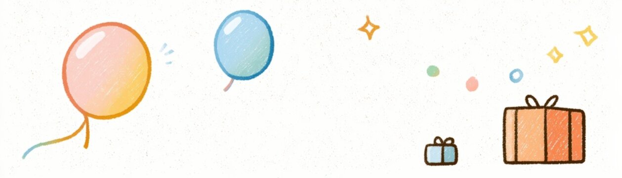 Colorful balloons and gift boxes float joyfully with sparkles and confetti against a white background, evoking celebration and festive cheer, kid celebration banner