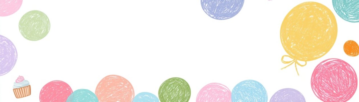Colorful hand-drawn balloons and cupcakes border a white background, a festive and cheerful party-themed frame, kid celebration banner