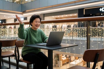 Fototapeta premium Mature Asian woman waves hello on video call via laptop at cafe table. She sits near railing with festive lights, enjoying conversation. Woman uses modern tech for connection.