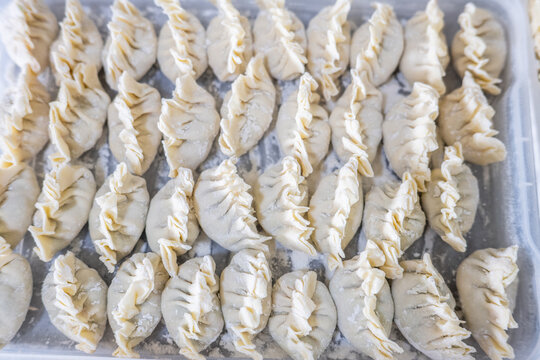 A food storage container filled with frozen handmade dumplings.