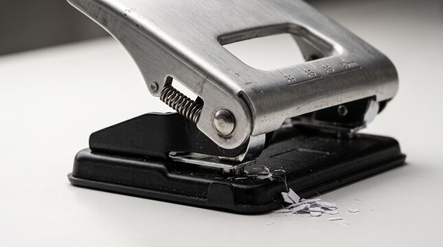 Close up of a heavy duty metal hole puncher on a desk.