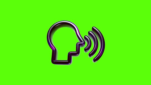 Purple human head icon with sound waves representing speaking communication or voice recognition symbols