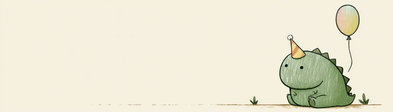 A cute cartoon dinosaur wearing a party hat sits next to a small plant and a floating balloon on a plain background, kid celebration banner