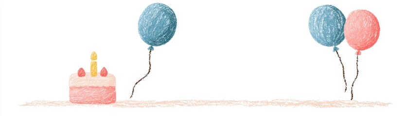Naklejka premium A hand-drawn birthday scene with a cake, candles, and two pairs of colorful balloons floating separately, kid celebration banner