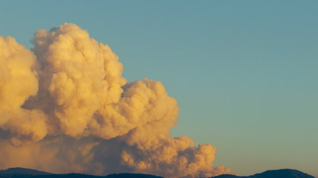 Large smoke plume from a forest fire at sunset