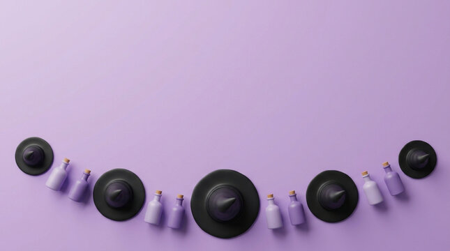 Minimalist halloween background with black witch hats and purple ghosts