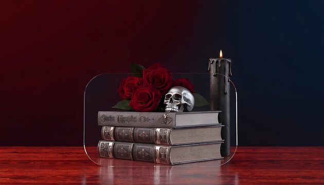 Dark academia Halloween still life with vintage books, red roses, skull and black candle