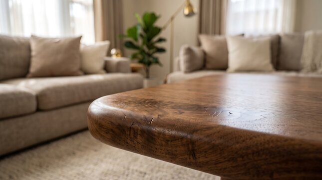 Modern walnut coffee table in a cozy living room interior with soft beige sofa seating.