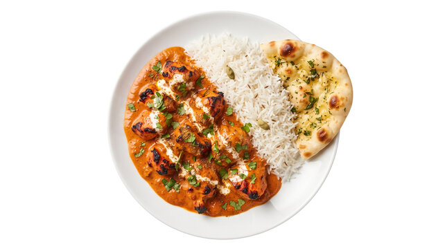 Butter chicken curry with basmati rice and garlic naan bread. Traditional Indian murgh makhani on white plate. Spicy tikka masala meal. isolated PNG with Transparent Background
