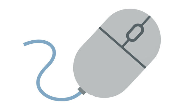 Minimalist computer mouse with a central scroll wheel and curved cord on white background