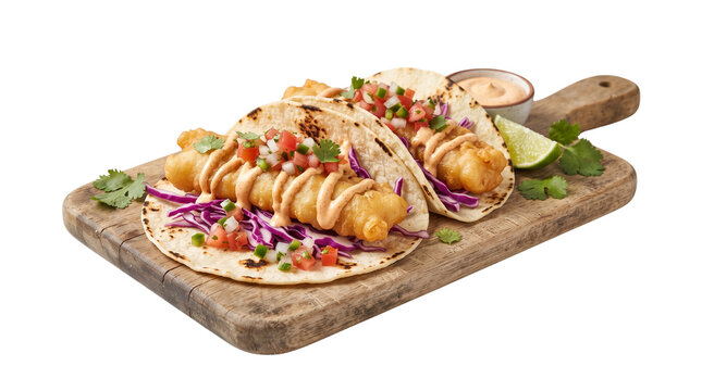 Gourmet crispy fish tacos on wooden board. Baja style seafood tacos with spicy mayo and pico de gallo. Fresh Mexican street food dinner. isolated PNG with Transparent Background