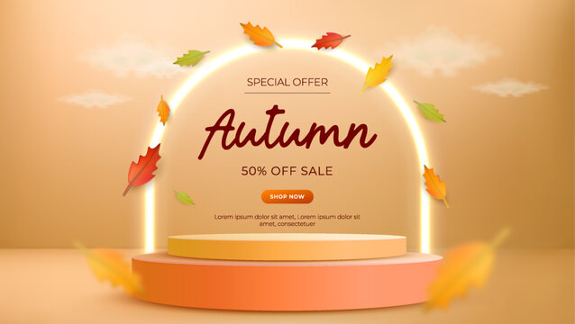 Autumn Sale Banner with 3D Podium and Glowing Neon Arch