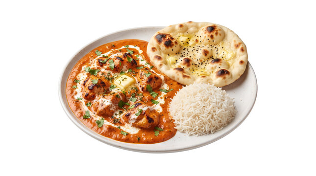 Butter chicken curry with basmati rice and garlic naan bread. Traditional Indian murgh makhani meal. Creamy tomato chicken tikka masala. isolated PNG with Transparent Background