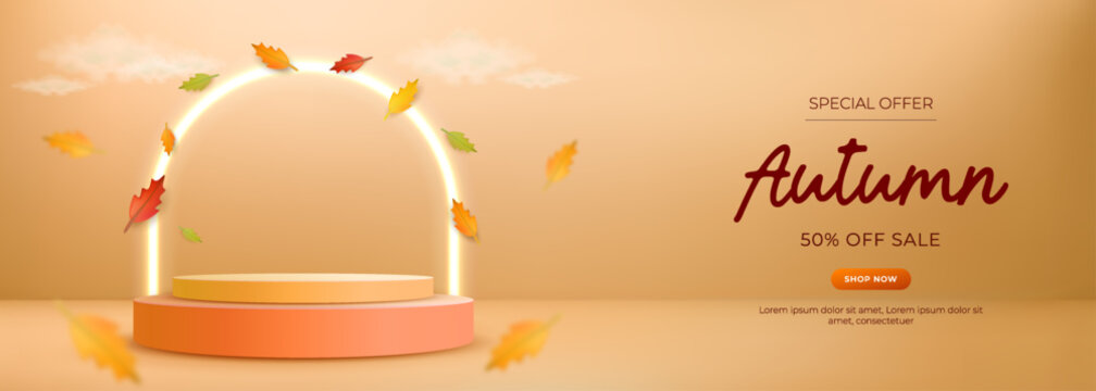 Autumn Sale 3D Podium Banner with Neon Arch and Falling Leaves