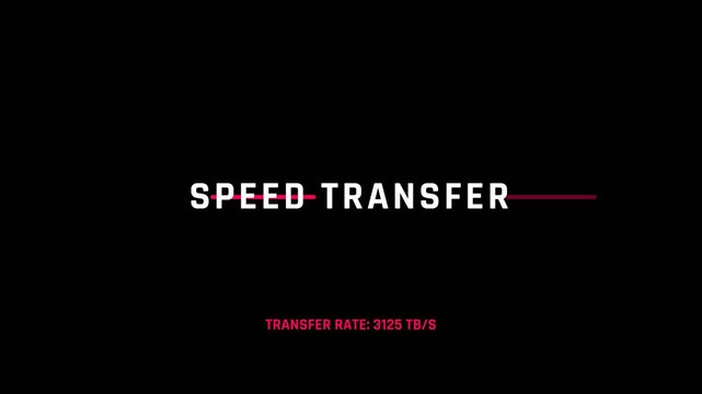 Digital speed transfer animation, glowing red lines and transfer rates on black background, showcasing rapid data transmission, symbolizing technology and high-speed connectivity