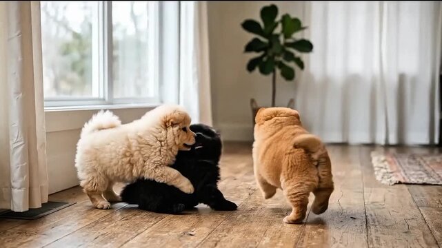 Three fluffy chow chow puppies playing together in a bright sunlit living room creating a charming animated video motion clip