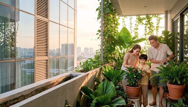Family maintaining a green balcony garden for cooling in an urban apartment