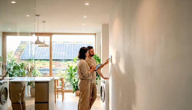 Couple managing energy-efficient systems inside a climate-adapted smart home